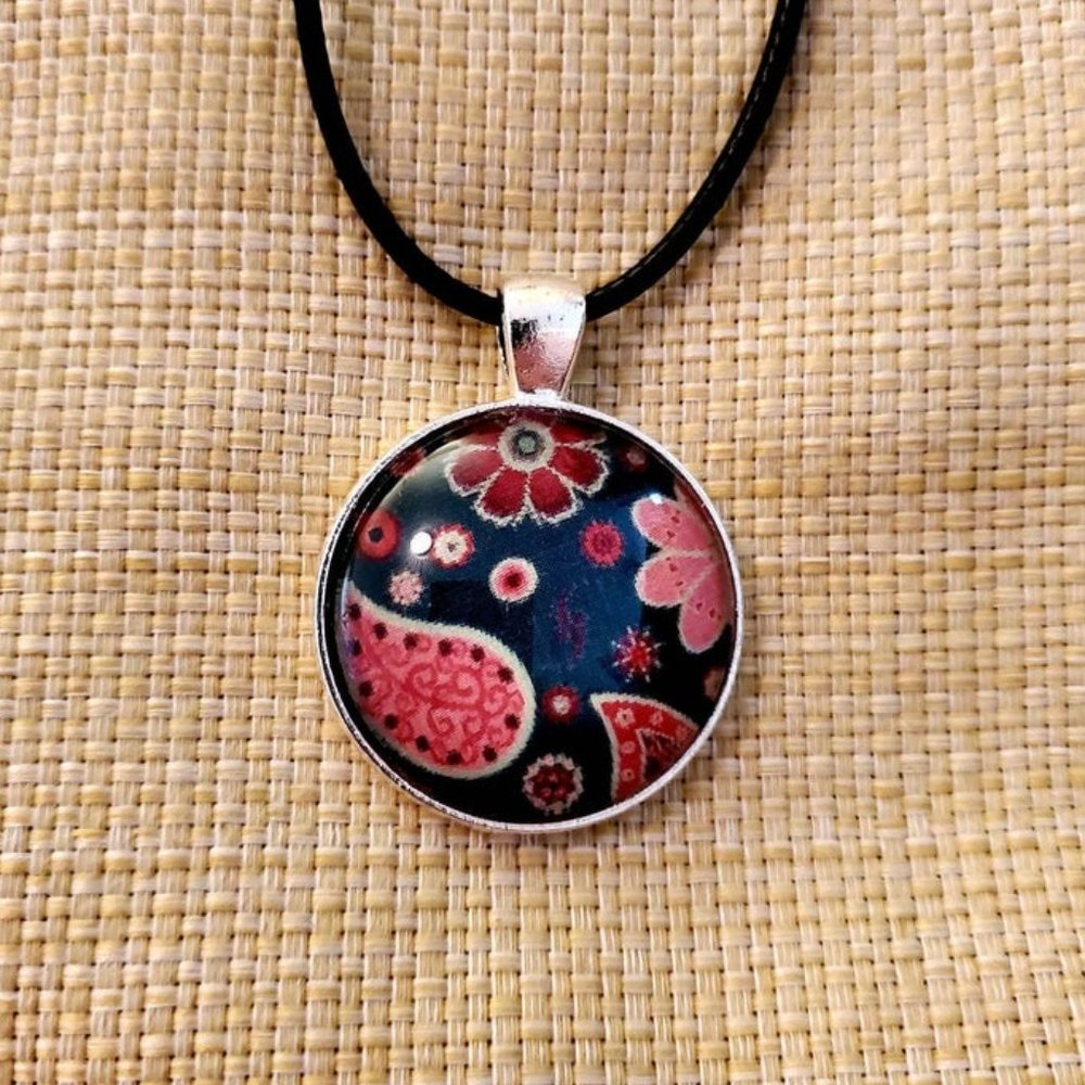 Pink & Blue Paisley Cabochon Pendant - Handmade
